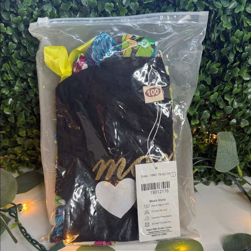Floral Baby Outfit Set - Black, Yellow, Pink